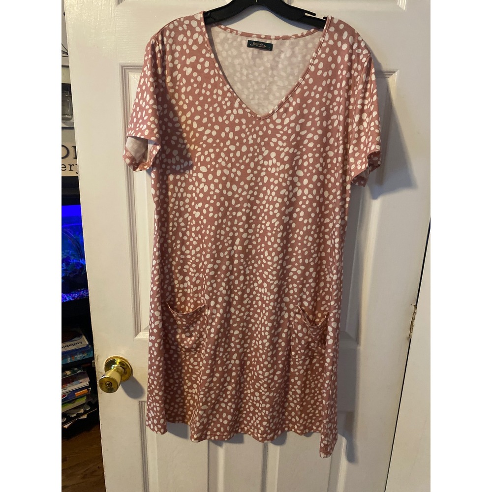 Ofeefan Pink White Polka Dot V-Neck Short Sleeve Pocket Shift Dress Large
